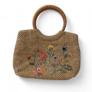 Vintage Boho Cottagecore Floral Straw Tote Bag Wooden Handles OS